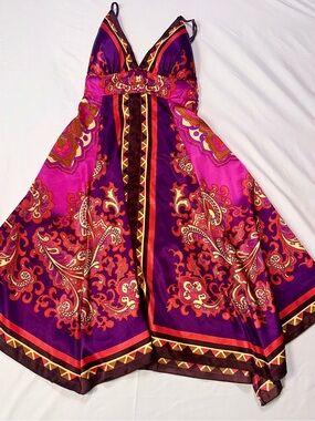 Rubber Ducky Productions, Inc. Purple & Pink Paisley V-Neck Asymmetrical Dress